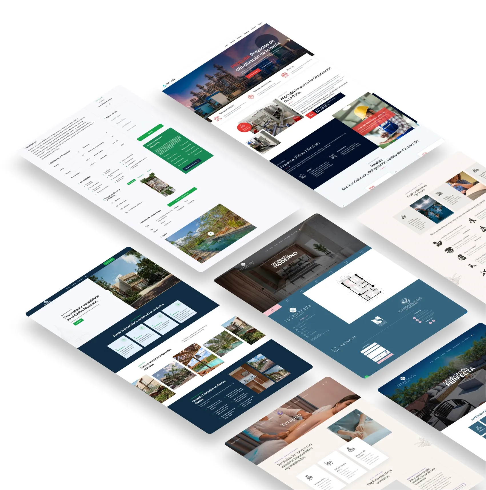 Múltiples maquetas de sitios web mostradas en perspectiva diagonal en 3D, que muestran varios diseños de página de inicio.